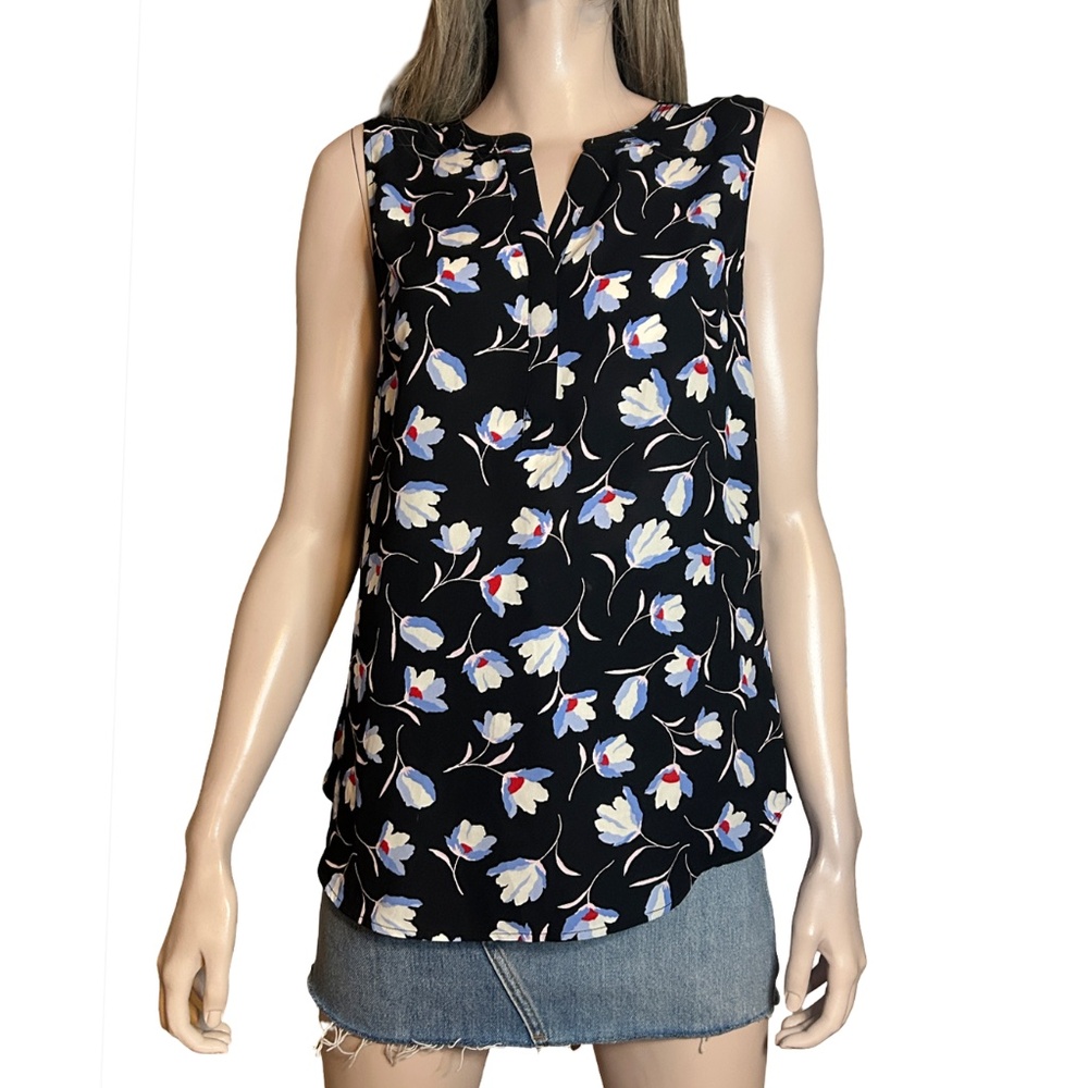 Talbots Blouse Top Tunic All Over Macro Floral Print Sleeveless V-Neck